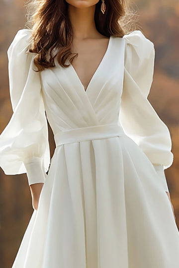 A Line V Neck Ivory Long Sleeve Wedding Dress